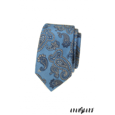 Úzka kravata modrá s paisley motívom