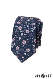 Modrá slim kravata s ružovými kvetmi