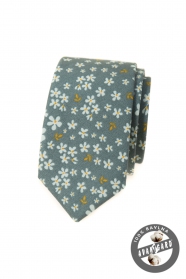 Olivovo zelená slim kravata s kvetinovým vzorom