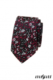 Čierna úzka kravata s červeno-šedým vzorom