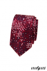 Vínová úzka kravata s kvetinovým vzorom