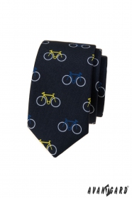 Modrá úzka kravata, vzor farebný bicykel