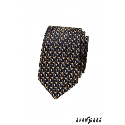Úzka kravata s modro-hnedým vzorom
