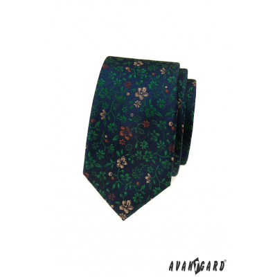 Modrá úzka kravata s farebnými kvetmi