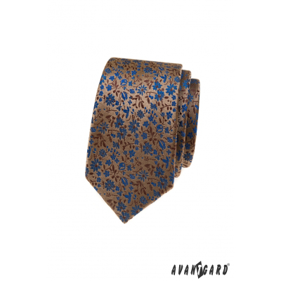 Hnedá úzka kravata s kvetinovým vzorom