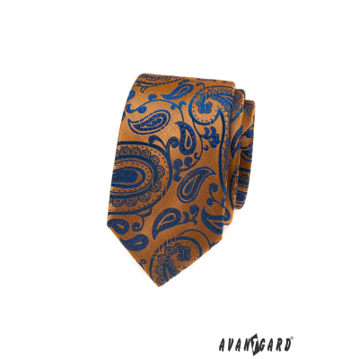 Oranžová kravata s modrým Paisley vzorom