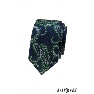 Modrá slim kravata, zelený paisley vzor