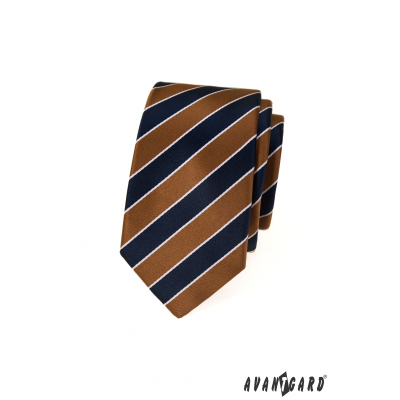 Modro-hnedá pruhovaná úzka kravata