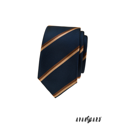 Tmavomodrá úzka kravata s hnedým pruhom