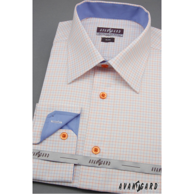 Biela pánska košeľa slim s modrými a oranžovými doplnkami