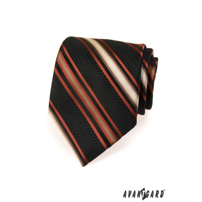 Čierna pánska kravata s oranžovými prúžkami