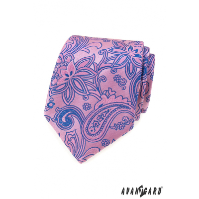 Ružová kravata s modrým Paisley vzorom