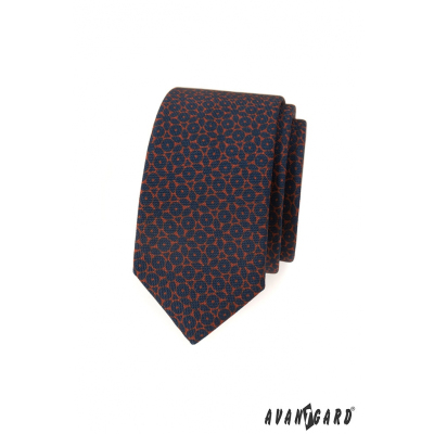 Modrá slim kravata s hnedým vzorom