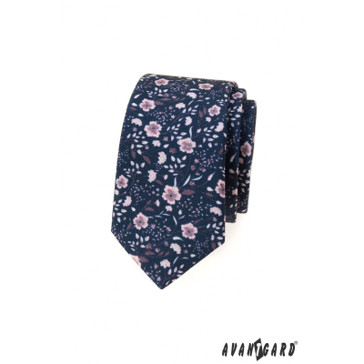 Modrá slim kravata s ružovými kvetmi