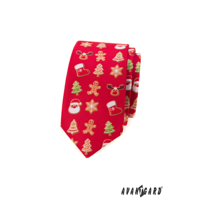 Červená slim kravata s vianočným motívom