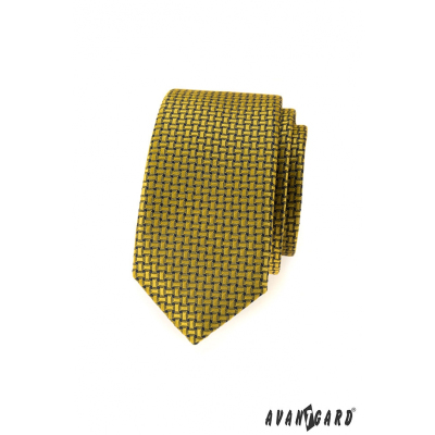 Žltá slim kravata s modrým mriežkovaným vzorom