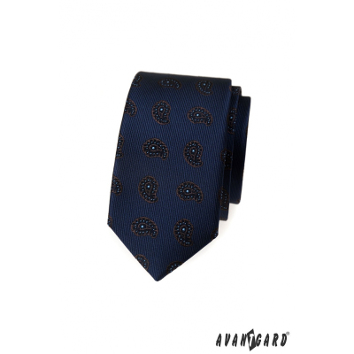 Modrá slim kravata s malým paisley vzorom