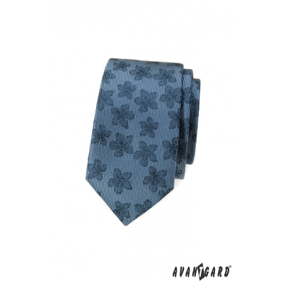 Modrá slim kravata s tmavým kvetinovým vzorom