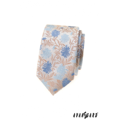 Béžová slim kravata s modrými kvetmi