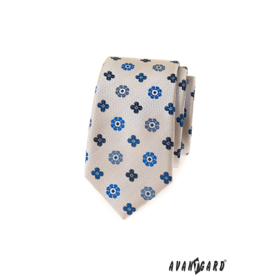 Béžová slim kravata s modrým vzorom