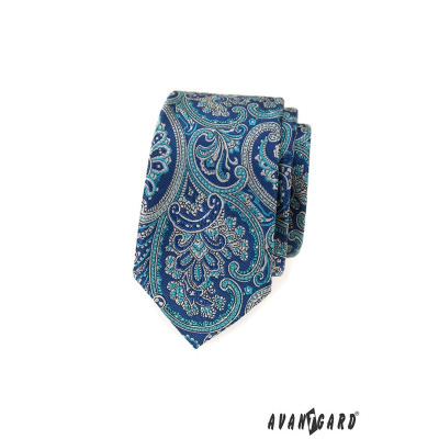 Slim kravata s modrým paisley motívom
