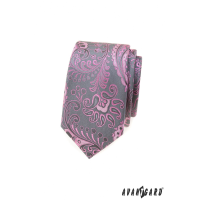 Šedá slim kravata s ružovým paisley vzorom