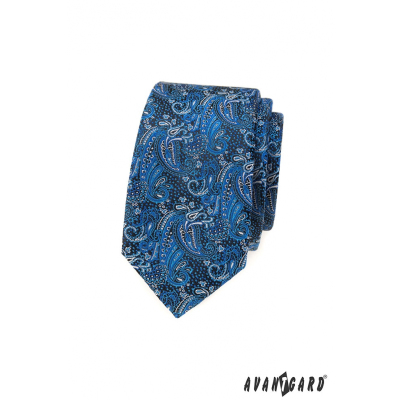 Úzka kravata s modrým paisley vzorom