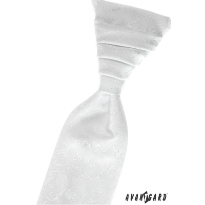 Biela francúzska kravata s vreckovkou lesklá niť