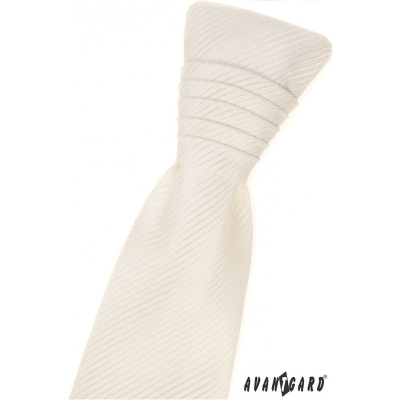 Francúzska kravata smotanovej farby s pruhovanou štruktúrou a vreckovkou