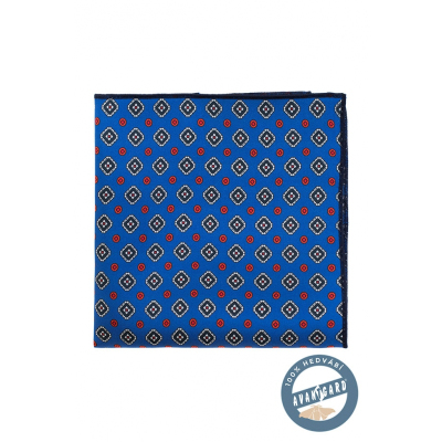 Modrá hodvábna vreckovka s farebným vzorom