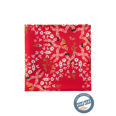 Hodvábna vreckovka s kvetinovým a motýlovým vzorom - červená