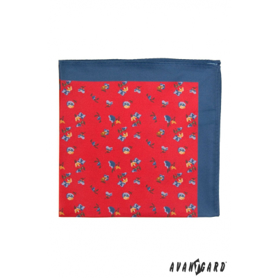 Červená pánska vreckovka s modrým okrajom drobné kvety