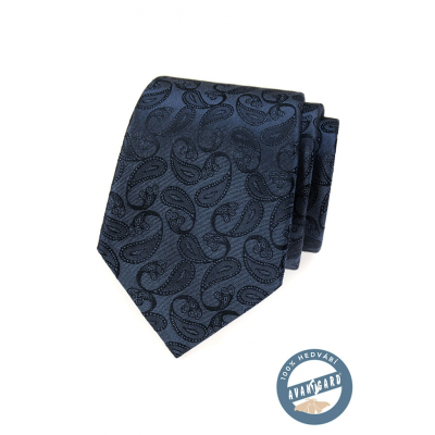 Modrá hodvábna kravata s paisley vzorom v darčekovej krabičke