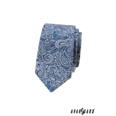 Modrá slim kravata s paisley vzorom