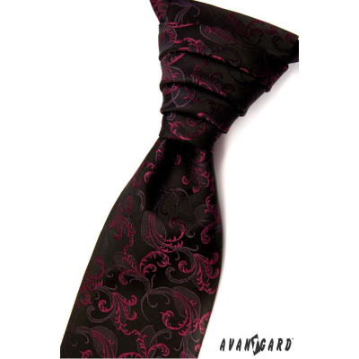 Čierna francúzska kravata s fuchsiovými ornamentami