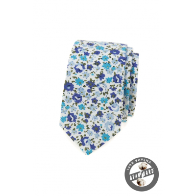 Bavlnená slim kravata s modrými kvetmi