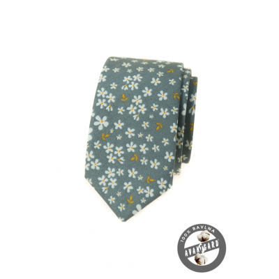 Olivovo zelená slim kravata s kvetinovým vzorom