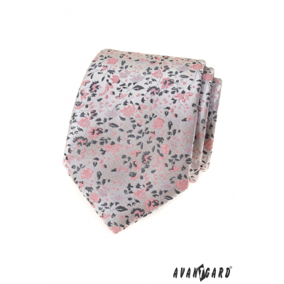 Luxusná sivá kravata s ružovým vzorom