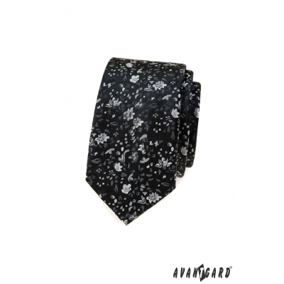 Čierna slim kravata s kvetinovým vzorom