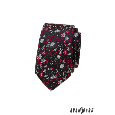 Čierna úzka kravata s červeno-šedým vzorom