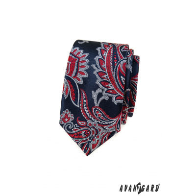 Modrá kravata slim s červeným Paisley vzorom