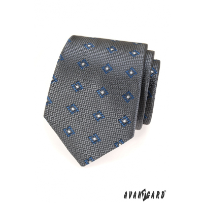 Pánska kravata šedá modré štvorčeky