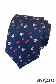 Modrá vianočná kravata so snehuliakom