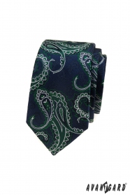 Modrá slim kravata, zelený paisley vzor