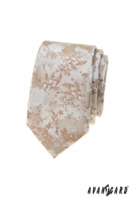 Béžová slim kravata s jemným kvetinovým vzorom