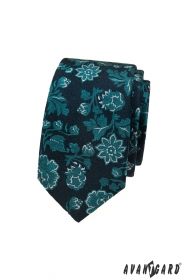 Modrá slim kravata s kvetinami