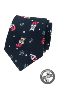 Tmavomodrá vianočná kravata s buldočkom