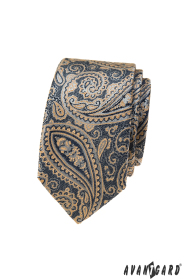 Modrá slim kravata s béžovým paisley motívom