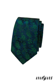 Úzka kravata s modro-zeleným vzorom