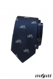 Modrá slim kravata s bielym motívom bicykel